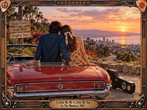 A young couple sits together on the rear of a glossy red convertible at a flower-lined hillside overlook, watching a golden sunset above a coastal city. Warm orange light, deep blue clothing, vintage floral patterns, a guitar case, and an ornate music-themed frame create a tender, nostalgic 1960s atmosphere.