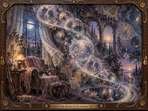 A moonlit dream interior opens into a romantic garden, where floating bubbles trace an elegant S curve through sleeping faces, lovers, flowers, and fading memories. Warm lamplight meets violet dusk, while ornate wood framing, delicate textures, and surreal collage details create a tender, nostalgic, handcrafted vision of love suspended in sleep.