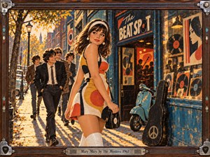 A confident mod-styled woman strides past a lively 1960s record shop as smiling young men follow along the sunlit street. Warm amber light, teal storefronts, vinyl displays, a scooter, and music-club shadows create playful romantic energy. Textured gouache-like brushwork and a crafted wood-and-metal frame enhance the nostalgic pop-art atmosphere.