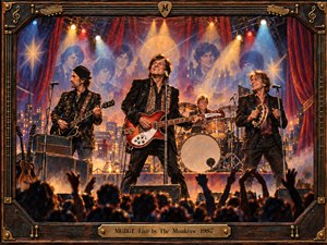A warmly lit reunion concert unfolds within an ornate wood and brass frame, with four performers energized by amber, blue, and red stage lights. Ghostlike youthful portraits hover in the smoky backdrop, deepening the nostalgic mood. Rich mixed-media textures, velvet curtains, glowing instruments, and a cheering silhouetted crowd create a vivid handcrafted tribute.