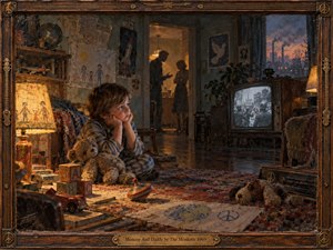A pensive child sits on a rug in a dim 1960s living room, surrounded by toys, drawings, and a worn teddy bear while shadowed parents argue in the doorway. Warm lamplight and cool television glow shape a nostalgic, tense oil painting, rich with peace symbols, urban haze, and handcrafted frame detail.