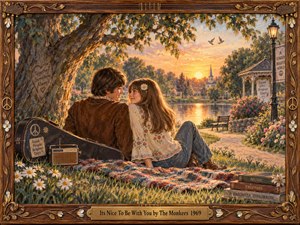 A young couple sits close beneath a sprawling tree beside a glowing park lake at sunset, surrounded by daisies, a guitar case, a transistor radio, and quiet 1960s details. Warm gold, coral, green, and cream tones, soft haze, handcrafted brushwork, and the carved musical frame create a tender, nostalgic atmosphere.
