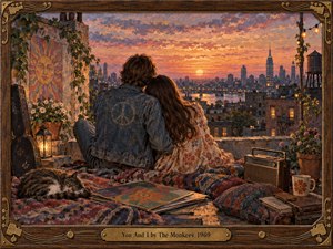 A tender young couple sits closely on a patterned rooftop blanket, gazing over a glowing city sunset. Warm gold, peach, and lavender light bathes flowers, records, a radio, and a sleeping cat. Painted in a richly textured, nostalgic style, the scene feels intimate, dreamy, and serenely romantic within an ornate musical frame.