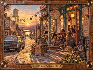 A warm 1970s small-town sunset glows around a bohemian cafe porch where friends gather with an acoustic guitar beside flowers, vinyl records, and a resting dog. Golden light, teal woodwork, vintage cars, distant water, and mountains create a relaxed, nostalgic mood within a richly textured handcrafted wooden frame.