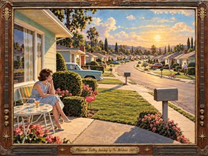 A pensive woman sits outside a tidy 1960s suburban home as a curving street of near-identical houses recedes into golden evening light. Warm greens, pastel siding, vintage cars, clipped hedges, flowers, and long shadows create cheerful order with quiet unease. Textured painterly brushwork and a musical wooden frame deepen the nostalgic mood.