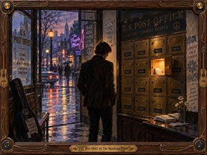 A lone young man stands inside a dim 1960s post office, facing rows of brass mailboxes while rain and neon reflections glow beyond the doorway. Warm amber light contrasts with cool blue streets, creating a wistful, searching mood. Rich painterly textures, worn wood, posters, and musical frame details deepen the nostalgic atmosphere.
