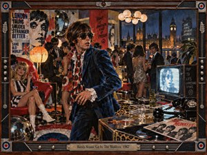 A restless young man in a blue velvet suit moves through a crowded 1960s London party, surrounded by mod fashion, glowing lamps, television light, and nighttime city views. Rich reds, navy, mustard, and chrome create a manic, satirical mood, while painterly textures, scattered records, phones, and reflections intensify the psychedelic atmosphere.