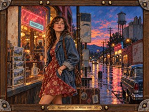 A wistful young woman in a floral dress and denim jacket stands outside a glowing small town diner on a rain slick street at sunset. Warm amber interiors, neon reflections, a vintage car, and a distant water tower deepen the nostalgic mood. Painterly brushwork, rich blues, pinks, and golds fill the framed composition.