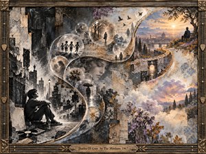 A reflective young man sits beside a rain-darkened city as an elegant S-curve of glowing memory bubbles rises through layered faces, figures, clocks, birds, and distant paths. Charcoal grays gradually warm into gold, lavender, and sunset light, creating a bittersweet mixed-media vision of aging, uncertainty, memory, and acceptance.