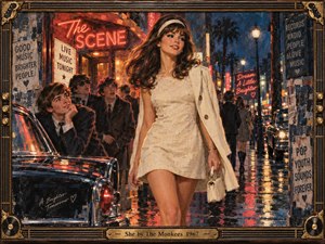 A glamorous woman in a cream dress strides through a rain-slicked 1960s nightlife district as young admirers watch from beside a vintage car. Warm neon reds and golds contrast with deep blue shadows, creating romantic tension. Painterly brushwork, reflective pavement, glowing streetlights, and an ornate musical frame heighten the nostalgic atmosphere.