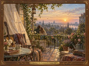 A romantic sunrise glows over a flower-draped rooftop terrace where two figures sit close together, gazing across a hazy city skyline. Warm gold, peach, and rose tones bathe weathered furniture, books, a guitar, and potted blooms. The richly textured oil-painting style feels tender, nostalgic, intimate, and softly dreamlike.