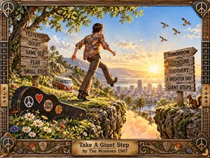 A young man strides across a rocky gap toward a glowing sunrise above a coastal city, symbolizing optimism, courage, and personal change. Warm golden light, vivid flowers, retro clothing, wooden signposts, birds, and a vintage van create a colorful 1960s atmosphere, framed with ornate musical and peace-themed details.