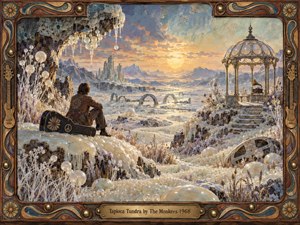 A solitary 1960s figure overlooks a surreal pearl-covered tundra, where frosted plants, glowing spheres, distant crystalline peaks, and an ornate gazebo surround a vintage gramophone. Warm sunset light softens icy blues, creams, lavender, and gold. Rich mixed-media textures, carved framing, and psychedelic details create a whimsical, dreamlike, quietly melancholic atmosphere.