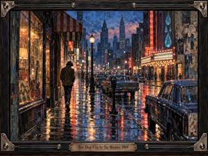A lone figure walks through a rain-soaked late-1960s city, surrounded by glowing marquees, vintage cars, reflective pavement, and worn storefronts. Deep blues, neon reds, amber lights, and mist create a wistful urban mood. Painterly textures, guitar-inspired framing, and subtle teardrop motifs reinforce loneliness, memory, and restless pop energy.