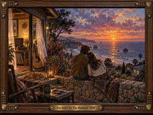 A young couple sits close on a stone terrace overlooking a glowing coastal sunset, surrounded by warm cottage light, flowers, records, a guitar, and a sleeping dog. Rich oranges, purples, and ocean blues create a tender nostalgic mood, rendered in detailed painterly textures within a handcrafted wooden musical frame.