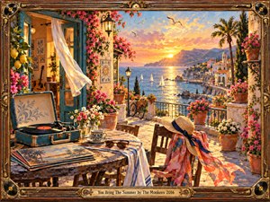 A sunlit Mediterranean terrace overlooks a glowing coastal village and sparkling blue sea at golden hour. Bougainvillea, daisies, lemons, and palms surround a weathered table with a record player, albums, sunglasses, and coffee. Warm amber light, fluttering fabric, sailboats, and handcrafted painterly textures create a joyful, nostalgic summer atmosphere.