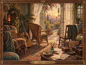 A warmly lit bohemian sunroom opens toward a glowing California sunset, framed by lace curtains, flowering vines, and distant palms. Wicker chairs, patterned textiles, an acoustic guitar, records, handwritten pages, and a lava lamp create a reflective 1960s atmosphere of memory, intimacy, uncertainty, and lingering affection.