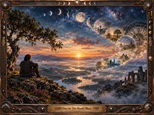 A solitary figure overlooks a vast misty valley beneath a cosmic sky filled with moons, stars, clocks, and softly blended memories. Warm sunset gold contrasts with deep celestial blues, while ancient ruins and winding waterways evoke times passage. An ornate bronze frame reinforces the richly detailed, dreamlike progressive rock atmosphere.