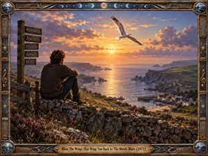 A solitary man overlooks a rugged coastal village at sunset as a white seabird glides toward the glowing horizon. Warm gold, violet, and blue tones create a reflective, hopeful mood. Detailed painterly realism, wildflowers, stone walls, directional signs, celestial ornamentation, and an elaborate antique frame evoke memory, longing, and homecoming.