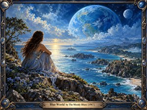 A solitary woman in a flowing blue dress overlooks a rugged coastal world beneath an enormous luminous Earth and distant moon. Brilliant ocean blues, rocky cliffs, flowers, and a seaside village glow beneath dramatic clouds and warm sunset light. Detailed painterly realism creates a serene, reflective, dreamlike atmosphere within an ornate frame.