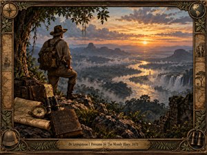 A lone explorer overlooks a vast misty river valley glowing beneath a dramatic golden sunset. Lush jungle, waterfalls, distant mountains, and ancient ruins create an adventurous, contemplative mood. Rich painterly detail, warm bronze light, expedition maps, binoculars, luggage, and an ornate botanical frame evoke romantic discovery and Victorian exploration.