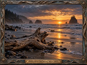 Weathered driftwood rests on a reflective shoreline beneath a dramatic sunset, framed by misty cliffs, sea stacks, and rolling surf. Warm amber light contrasts with cool blue-gray clouds and water, creating a contemplative, timeless mood. An ornate nautical wood-and-metal frame features compass medallions, carved waves, and aged textures.