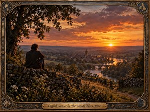 A solitary figure watches a radiant English sunset from a wild hillside above a river valley, stone bridge, and distant village. Amber light floods rolling fields beneath dramatic clouds, creating a reflective, nostalgic mood. Ornate bronze Celtic detailing, celestial medallions, and a weathered decorative frame enrich the cinematic composition.