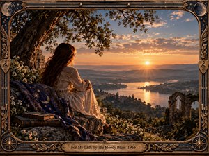 A contemplative woman in a flowing cream dress overlooks a glowing river valley at sunset beneath an ancient tree. Warm amber light, distant hills, village silhouettes, wildflowers, ruins, and celestial fabric create a romantic, dreamlike mood. An ornate blue and bronze musical frame adds vintage elegance and intimacy.