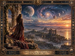 A solitary gypsy woman stands among ancient ruins overlooking a misty valley of crumbling castles and waterways beneath an immense celestial sky. Warm sunset gold contrasts with deep blues, violet nebulae, moons, and stars. Richly detailed fantasy realism, dramatic light, flowing fabric, antique instruments, and an ornate cosmic frame evoke timeless mystery.