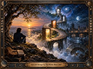 A lone figure sits beneath a weathered tree overlooking a surreal path winding through glowing doorways, waterfalls, moonlit architecture, and cosmic skies. Warm sunset gold shifts into deep blue night, creating a reflective, mysterious mood. Detailed digital painting, dramatic light, antique clockwork, and an ornate celestial frame evoke lifes strange passage through time.
