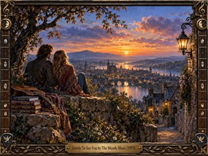 A warmly painted couple overlooks a glowing riverside town at sunset, surrounded by autumn branches, stone cottages, flowers, and an old lantern. An acoustic guitar and stacked books suggest music and memory. Rich amber, blue, and violet tones create a nostalgic, welcoming mood within an ornate musical frame.