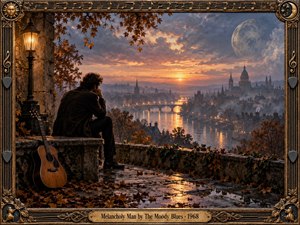 A solitary man sits on a rain-darkened stone terrace overlooking a misty riverside city at sunset. Warm amber lights reflect across the water beneath dramatic blue-gray clouds and a luminous moon. Autumn leaves, an acoustic guitar, ornate musical framing, and painterly realism create a deeply reflective, melancholy atmosphere.