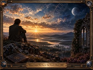 A solitary figure sits on a rocky overlook above a misty river valley as sunset dissolves into a starry, moonlit sky. Golden light contrasts with deep blues, ancient ruins, heather, and a weathered journal. Subtle clock imagery and an ornate brass frame create a reflective, timeless, cinematic atmosphere.