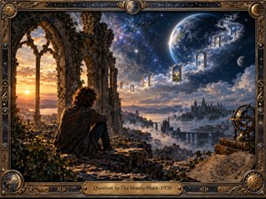 A solitary figure sits among ivy-covered ruins overlooking a misty valley of bridges, towers, and distant mountains beneath a vast cosmic sky. Golden sunset light merges with deep blues, stars, planets, and mysterious floating doorways. Ornate celestial framing, antique books, an astrolabe, and star charts create a contemplative surreal atmosphere.