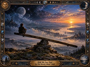 A lone figure balances on a weathered wooden see-saw above a vast dreamlike valley shifting from moonlit night to radiant sunrise. Misty mountains, distant castles, winding water, and celestial skies create a reflective, adventurous mood. An ornate bronze frame with cosmic medallions and engraved detailing enhances the richly cinematic fantasy style.