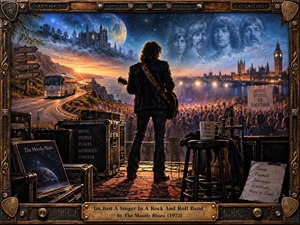 A lone guitarist faces a glowing concert crowd as a winding tour road, London skyline, cosmic moon, and ghostly band portraits merge across a dreamlike landscape. Warm amber stage light contrasts with deep blues, creating a reflective, nostalgic mood. Detailed painterly textures, road cases, instruments, and an ornate rock-themed frame complete the scene.
