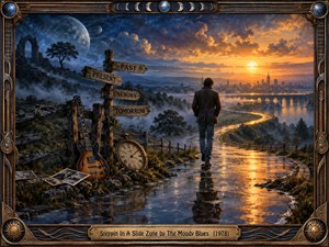 A lone traveler follows a rain-slick winding road toward a glowing distant city beneath a dramatic twilight sky. Moonlit ruins, misty hills, a guitar, clock, photographs, and directional signs evoke memory and uncertainty. Rich blues and golden light create a reflective, surreal atmosphere within an ornate musical frame.