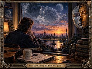 A solitary man sits beside a guitar and handwritten pages, gazing across a glowing riverside city at sunset. Ghostly faces drift through stormy clouds while a fractured metallic mask suggests broken communication. Warm amber light contrasts with deep blues, creating a reflective, melancholic painted scene framed by ornate musical metalwork.