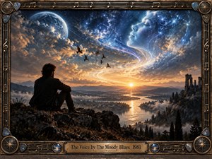 A solitary figure overlooks a misty river valley at sunset as a luminous celestial face emerges among stars, clouds, and a distant planet. Deep blues and warm golds create a reflective, mystical mood. An ornate bronze musical frame, ruined arches, soaring birds, and cosmic light enhance the cinematic digital artwork.