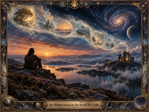 A solitary figure overlooks a glowing mountain lake at sunset while dreamlike celestial memories sweep across the sky in a luminous S-curve. Golden clouds, deep blue stars, distant ruins, planets, and mist create a nostalgic, romantic atmosphere. An ornate bronze cosmic frame completes the richly detailed surreal composition.