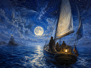 Beneath a brilliant full moon, a small crew sails across deep blue waters toward a mysterious city hidden among clouds and stars. A celestial whale drifts through the heavens while warm lantern light surrounds the travelers, transforming their voyage into a dreamlike passage toward imagination, wonder, and limitless possibility.