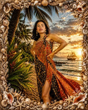 Golden tropical elegance shines in this dramatic beach portrait, where a confident woman stands amid palms, ocean glow, and a distant sailing boat. Rich gold jewelry and flowing patterned fabric catch the warm wind, while a dense bleached seashell frame adds handcrafted coastal luxury, texture, and unforgettable gallery appeal today.