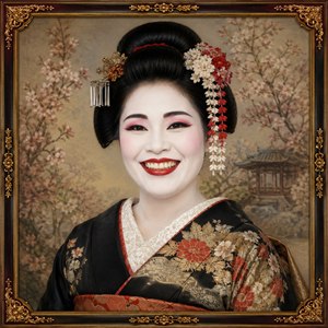 A graceful geisha-inspired portrait with porcelain-white face makeup, bold red lipstick, deep rose eyeshadow, and a warm joyful smile. Her sculpted black updo is decorated with cascading red and white flowers and gold ornaments. A richly embroidered black kimono, cherry blossom garden background, and ornate gold-trimmed frame create elegant vintage beauty.