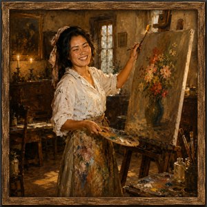 Step into a glowing 1800s artists studio, where a joyful painter creates a half-finished floral masterpiece by candlelight. Rustic wood framing, antique furnishings, paint-splashed clothing, and warm golden detail give this portrait timeless charm, creative energy, and handcrafted beauty, perfect for collectors who love nostalgic, romantic studio scenes and art.