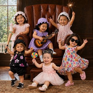 Five spirited toddlers transform an elegant leather-chair setting into a joyful celebration of music, movement, and imagination. A tiny guitarist leads the fun while friends dance, wave a sparkler, raise a bottle, and brandish a playful bat. Warm light, rich textures, and lively expressions create irresistible storybook charm for everyone.