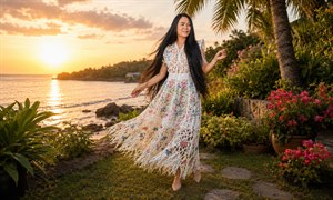 Step into a radiant tropical sunrise where elegance meets island serenity. This striking portrait features a graceful woman in an intricate white lattice dress, alive with delicate floral embroidery. Her extraordinary floor-length black hair, warm expression, and the glowing shoreline create a memorable celebration of beauty, culture, craftsmanship, and confidence.