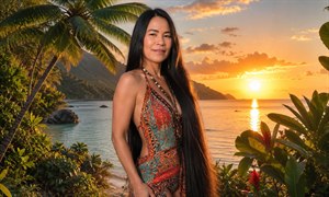 A graceful woman stands beside a tranquil tropical lagoon at sunrise, framed by lush palms, flowering foliage, and distant green mountains. Her exceptionally long, dense black hair flows past her waist. Wearing a fitted, colorful island-inspired dress, she offers a soft, warm smile beneath golden morning light and glowing skies.