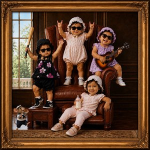 Four stylish toddlers create a playful miniature band around an ornate leather chair. One raises a baseball bat, another strums a tiny guitar, a third flashes rock gestures, and the youngest lounges with a bottle. A sailor-dressed mouse dances nearby, while warm wood paneling and a gold frame complete portrait.