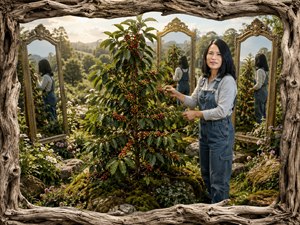 A serene meadow frames a flourishing coffee plant heavy with colorful berries. A smiling woman in denim overalls gently tends its branches while three ornate mirrors reveal natural rear and side reflections. Wildflowers, mossy stones, distant hills, warm sunlight, and a rugged driftwood frame complete this peaceful garden portrait beautifully.