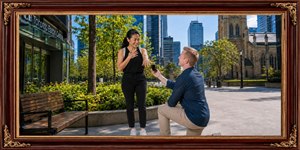 Framed in rich rosewood and gold, this heartfelt Trinity Square proposal captures a joyful promise beneath bright city sunlight. She smiles in delighted surprise while he kneels with the ring, surrounded by lush gardens, welcoming benches, the Eaton Centre, and the historic church, a treasured moment preserved forever in art.